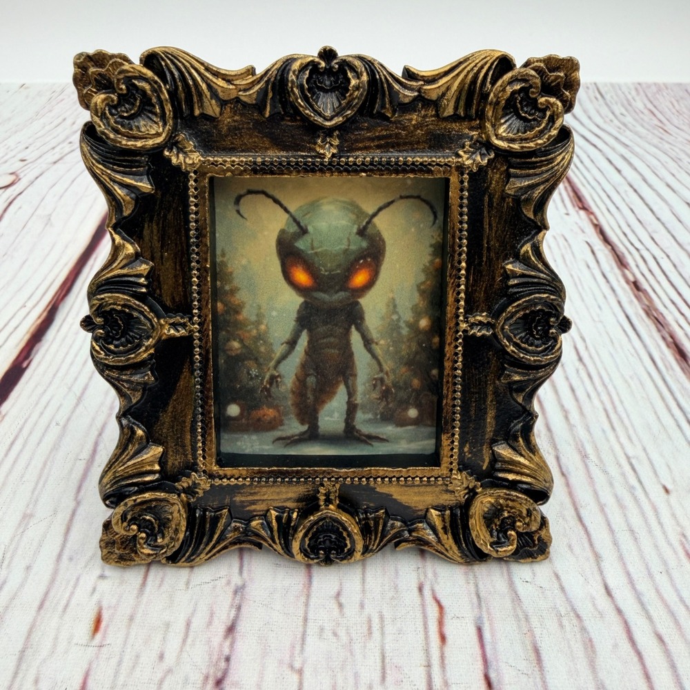 Handmade Alien Creature Ornate Gold Resin Frame Decoupage Art Print 3.75in